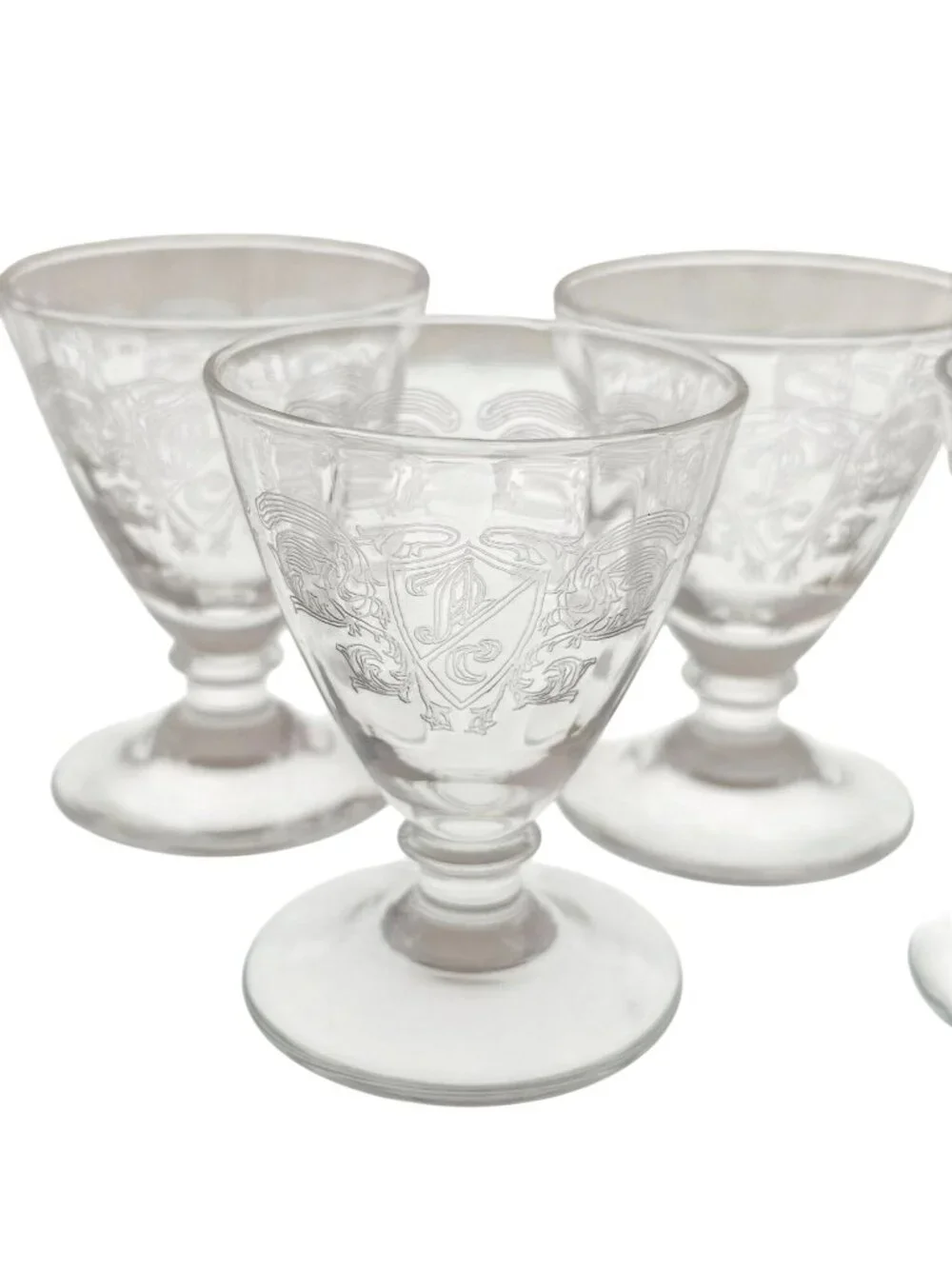 5 Antique Victorian Crest Shot Glass Mini Goblet etched heraldic 2.5